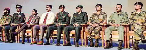 Alumni of the college who are serving the defence forces on stage at the event. (Photo| Saptarshi Mukherjee, EPS)