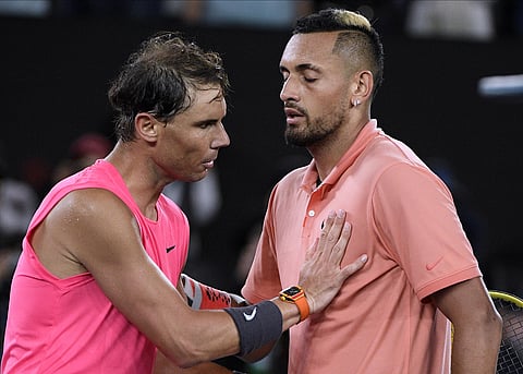 Rafael Nadal (L) is congratulated by Nick Kyrgios after winning their fourth round singles match at the Australian Open. (Photo | AP)