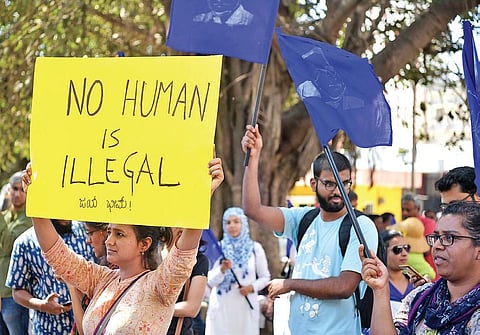People holding posters during a protest march against CAA-NRC on Republic Day in Bengaluru. (Photo| Meghana Sastry, EPS)