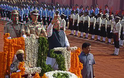 Andhra Pradesh Governor Biswabushan Harichandan observing parade during Republic Day celebrations at IGMC stadium in Vijayawada on Sunday. (Photo| P Ravindra Babu, EPS)