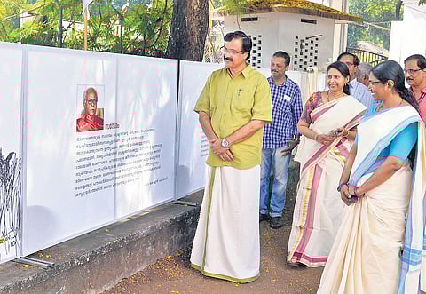 General Education Minister C Raveendranath views an exhibition after inaugurating it at Government College for Women in Thiruvananthapuram on Monday. Literacy Mission director P S Sreekala and college principal G Vijayalakshmi are also seen | Vincent Pu