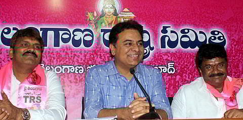 TRS working president KT Rama Rao adressing at the press meet in Telangana Bhavan in Hyderabad. (Photo| Sathya Keerthi, EPS)