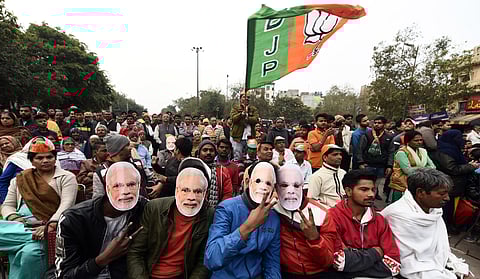 BJP supporters during a Public Meeting for the Delhi polls at Kalyanpuri in New Delhi on Tuesday Jan. 28 2020. (Photo | EPS/Parveen Negi)