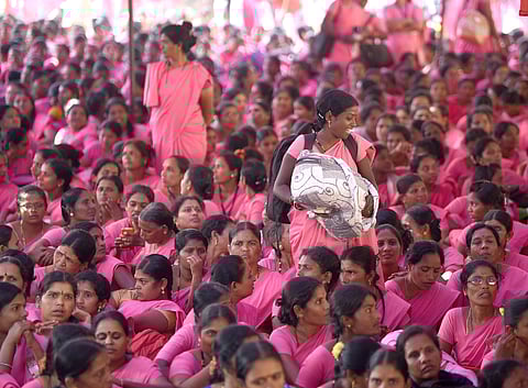 Thousands of ASHA workers travelled to Bangalore from different parts of Karnataka to participate in an indefinite dharna asking the state government to meet their demands. (Photo | Meghana Sastry, EPS)