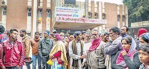 Family members of infants outside the JK Lone Hospital in Kota | PTI