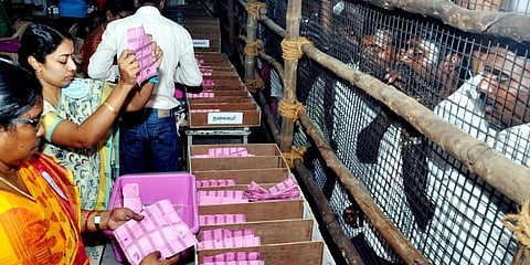 The officials engaged in counting of votes in the counting centre near Omalur toll gate on Thursday. (Photo | EPS)