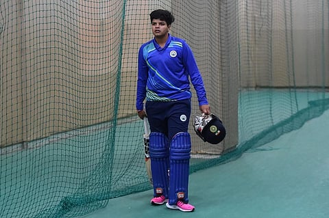 16-year-old cricket player Shafali Verma trains at an indoor net inside a stadium in Rohtak. (Photo | AFP)