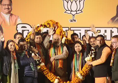 Home Minister and senior BJP leader Amit Shah during a campaign rally for upcoming Delhi Assembly elections on Wednesday, Jan 30, 2020. (Photo | EPS)