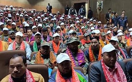 The NDFB men also deposited 178 assorted weapons, grenades, explosives, mortars etc before Chief Minister Sarbananda Sonowal, Finance Minister Himanta Biswa Sarma and other senior officials. (Photo | EPS)