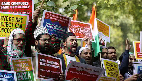 Activists during a protest against the CAA NRC and NPR at Jantar Mantar in New Delhi on Wednesday. (Photo | Shekhar Yadav/EPS)