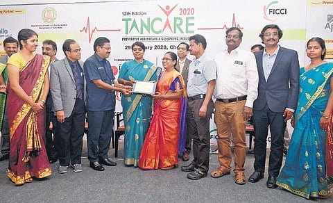 Health Secretary Beela Rajesh giving away awards at the function. (Photo| Debadatta Mallick, EPS)