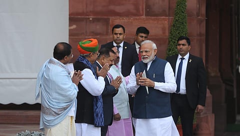 Prime Minister Narendra Modi address the media at Parliament House on the first first day of Budget session in New Delhi on Friday. (Photo | Shekhar Yadav/EPS)