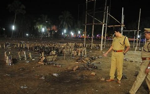 Police officials inspecting the spot at Nadakkavu Bagavathi temple. (Photo| A Sanesh, EPS)