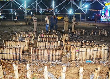 Police inspecting the spot at Nadakkavu Devi temple. (Photo| A Sanesh, EPS)