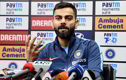 Indian skipper Virat Kohli addresses a press conference ahead of the 1st T20 Match against Sri Lanka, at Barsapara Cricket Stadium in Guwahati on Saturday. (Photo | ANI)
