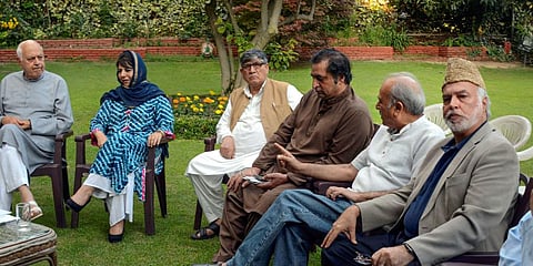 NC president Farooq Abdullah, PDP chief Mehbooba Mufti and other leaders during an all party meeting. (File Photo | PTI)