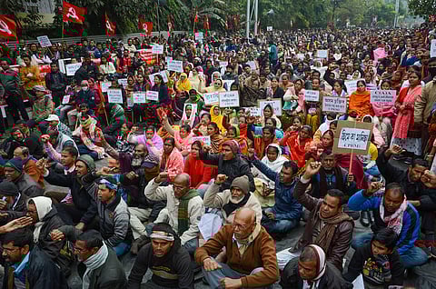 Left parties' activists and supporters take part in a protest rally against the amended Citizenship Act in Guwahati Friday. (Photo | PTI)