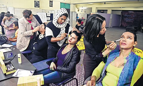 The makeup training session being conducted by SPACE, a first time initiative by the Ministry of Social Justice and Empowerment. (Photo | Parveen Negi)