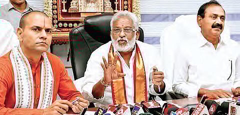 TTD Chairman addresses media at Annamaiah Bhavan in Tirumala. (Photo | EPS)