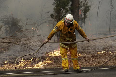 A firefighter battles a fire near Burrill Lake on Sunday (Photo| AP)