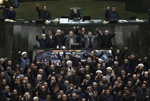 Iranian lawmakers chant anti-American and anti-Israeli slogans to protest against the US killing of Iranian top general Qassem Soleimani, at the start of an open session of parliament in Tehran (Photo| AP)