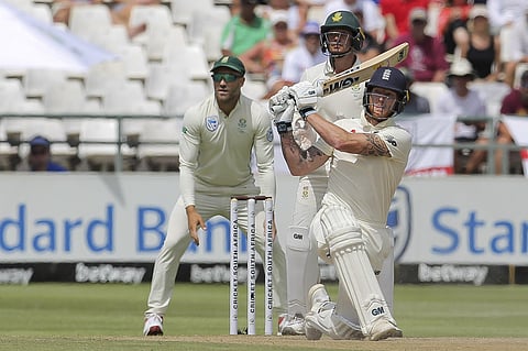 England's batsman Ben Stokes smashes the ball for six. (Phone | AP)
