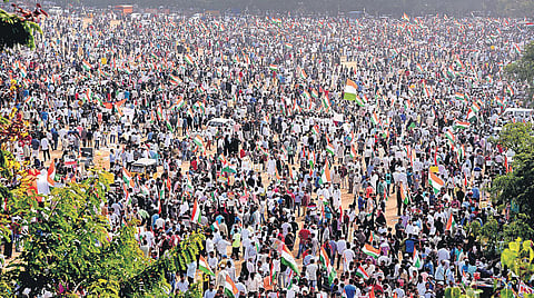 Thousands gather at Dharna Chowk for the Million March in Hyderabad on Saturday waving the Indian flag and holding placards (File Photo| EPS)