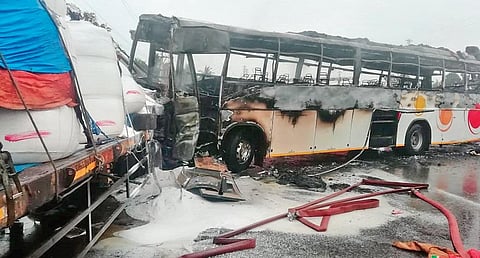 The gutted tourist bus at Nelivada village in Srikakulam district | Express