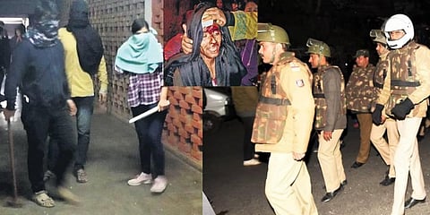 A masked mob on Sunday evening entered the JNU campus and assaulted students using sticks, metal rods and stones. (Inset Picture: JNUSU President Aishe Ghosh suffered from severe head injury and was bleeding)