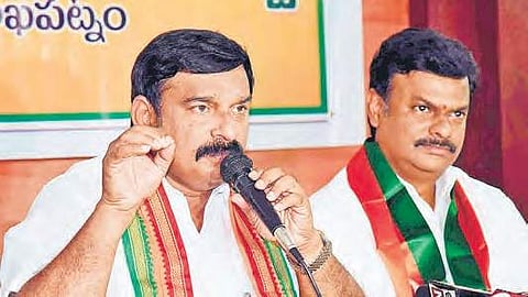 BJP leader Vishnukumar Raju at a press meet. (Photo I EPS)