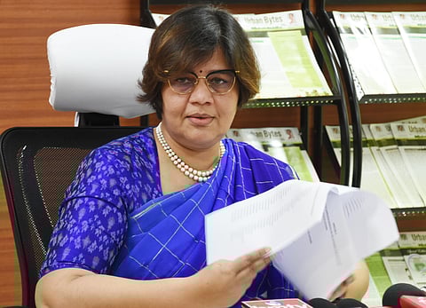 Municipal Administration Director TK Sreedevi addressing media regarding coming Municipal elections in Hyderabad on Sunday| RVK Rao