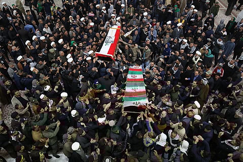 Mourners carry the coffins of Iran's Gen. Qassem Soleimani and Abu Mahdi al-Muhandis, deputy commander of Iran-backed militias at the Imam Ali shrine in Najaf, Iraq. (Photo | AP)