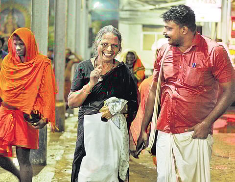 A malikappuram (woman devotee) returning after darshan at Sannidhanam in Sabarimala on Saturday (File Photo | A Sanesh, EPS)