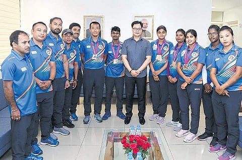 Sports minister Kiren Rijiju (C) interacts with Indian archery team (File Photo | Fatima Rezavi, EPS)