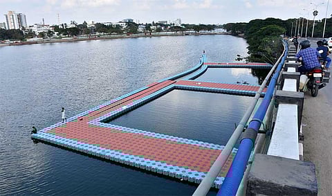 Floating decks placed at Valankulam lake in Coimbatore. (Photo | U Ramesh Kumar / EPS)