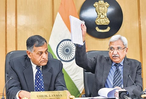 CEC Sunil Arora and Election Commissioner Ashok Lavasa (left) addresses a press conference to announce the poll schedule for Delhi Assembly elections | PTI