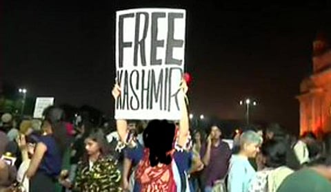'Free Kashmir' poster at Gateway of India protest (Photo | ANI)