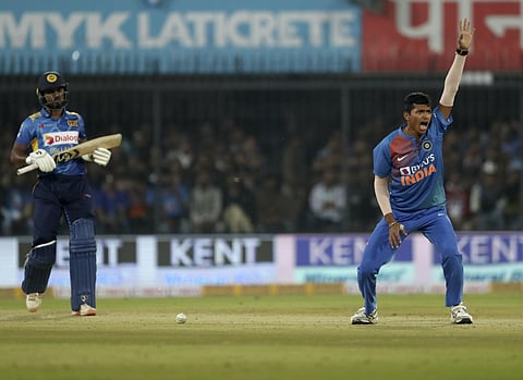 India's Navdeep Saini, right, appeals unsuccessfully for the wicket of Sri Lanka's Oshada Fernando, left during the second Twenty20 international cricket match between India and Sri Lanka in Indore. (Photo | AP)