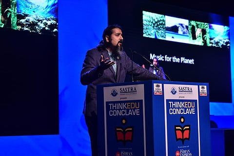 Grammy Award-winning musician Ricky Kej speaks on 'The Power of Music to Drive Social Change' at the ThinkEdu conclave 2020 on Wednesday (Photo |ENS/P Jawahar)