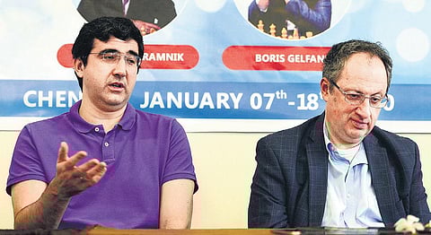 Vladimir Kramnik (left) & Boris Gelfand attend a press conference in Chennai