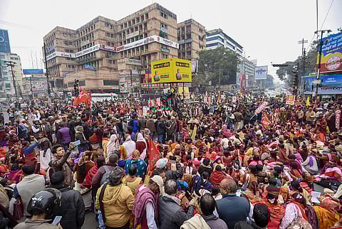 Left parties supporters block the traffic on the Dak Bangalow road in support of the nationwide strike called by ten trade unions in protest against the alleged anti-people policies of the Centre in Patna Wednesday Jan. 8 2020. (Photo | PTI)Â