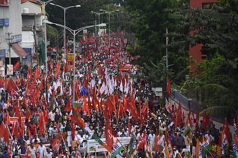 Trade union workers taking out a march in Thiruvananthapuram on Wednesday during the nationwide 24-hour general strike. (Photo |BP Deepu)