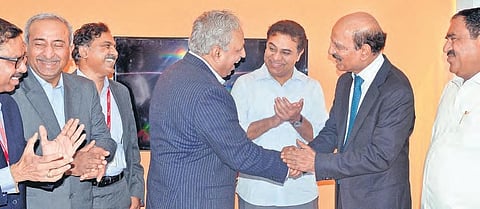 IT and Industries Minister KT Rama Rao is all smiles at the inauguration of Tech Mahindra and Cyient facilities at Madikonda IT Park near Warangal on Tuesday