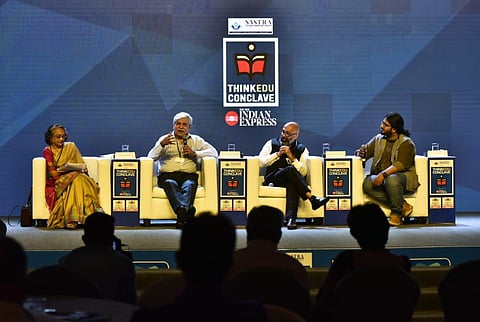 Counselling psychologist and coach Saras Bhaskar, psychiatrist and author Dr Vijay Nagaswami and neuropsychiatrist Dr ES Krishnamoorthy deliberate on 'Pursuit of Happiness: Getting India's students to beat depression' at a session chaired by Daniel Thimma
