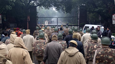 Police personnel outside the JNU campus in New Delhi on Wednesday. (Photo | Shekhar Yadav/EPS)