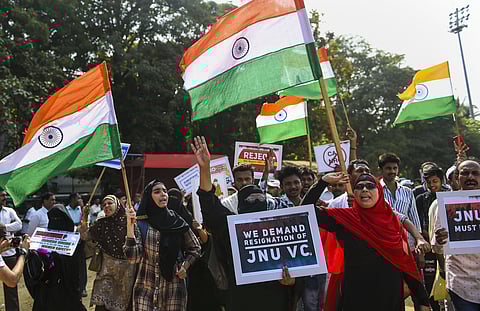 Protestors shout slogans as they demonstrate against Citizenship Amendment Bill and attack on New Delhi's Jawaharlal Nehru University at Azad Maidan in Mumbai Wednesday Jan. 8 2020. (Photo | PTI)
