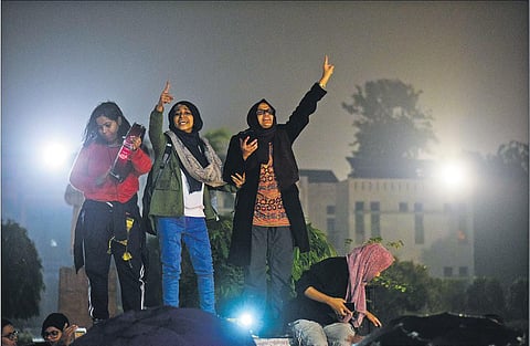Photograph by a Jamia student Shakeeb, of students singing protest songs at JMI on December 12