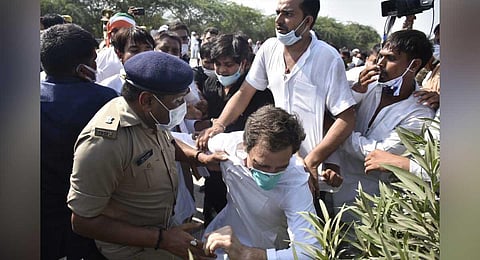 Congress MP Rahul Gandhi being stopped from walking to Hathras to meet the gang rape victim's kin. (Photo | Special Arrangement)
