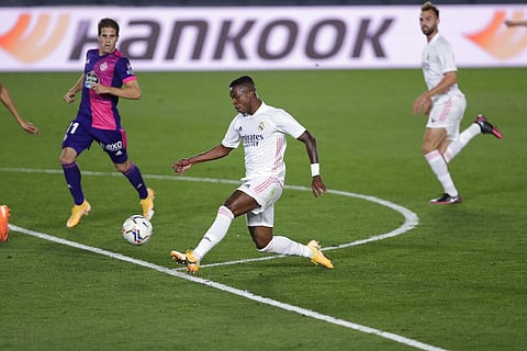 Real Madrid's Vinicius Junior, center, during the Spanish La Liga soccer match between Real Madrid and Valladolid. (Photo | AP)