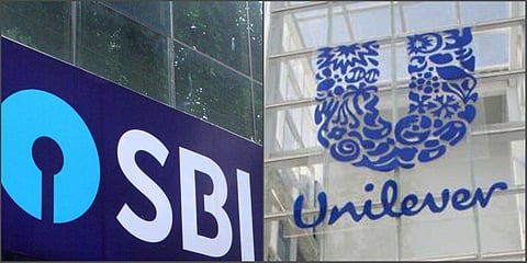 Logos of SBI (L) and Hindustan Unilever. (File photo| PTI)